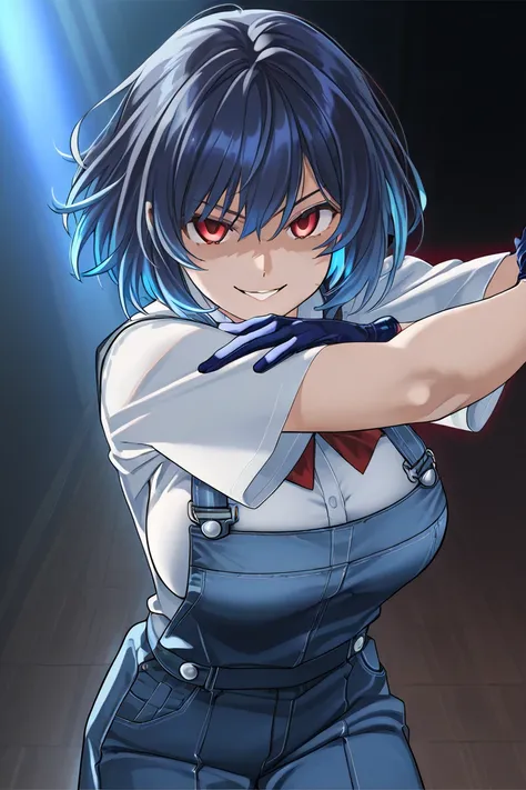 1 Big Breasted Girl, blue hair, multicolored hair, detailed eyes, Yandere expression , Yandere,  evil smile, Tenkuu Shinpan Uniforms, blue glove, red eyes,  short hair