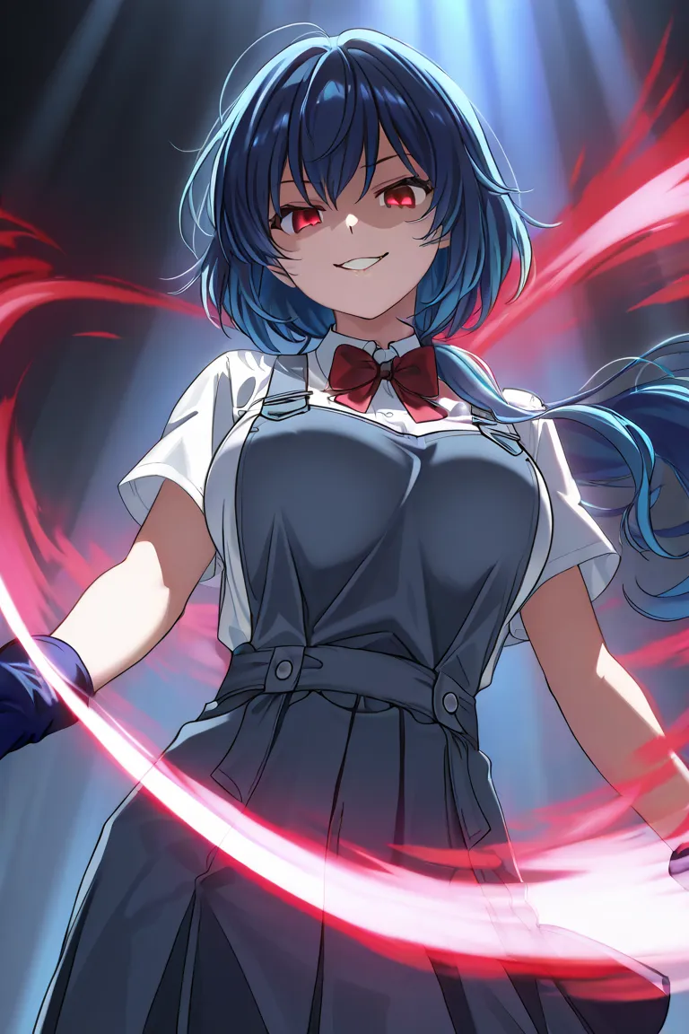 1 Big Breasted Girl, blue hair, multicolored hair, detailed eyes, Yandere expression , Yandere,  evil smile, Tenkuu Shinpan Uniforms, blue glove, red eyes,  short hair