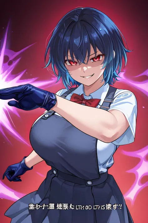 1 Big Breasted Girl, blue hair, multicolored hair, detailed eyes, Yandere expression , Yandere,  evil smile, Tenkuu Shinpan Uniforms, blue glove, red eyes,  short hair