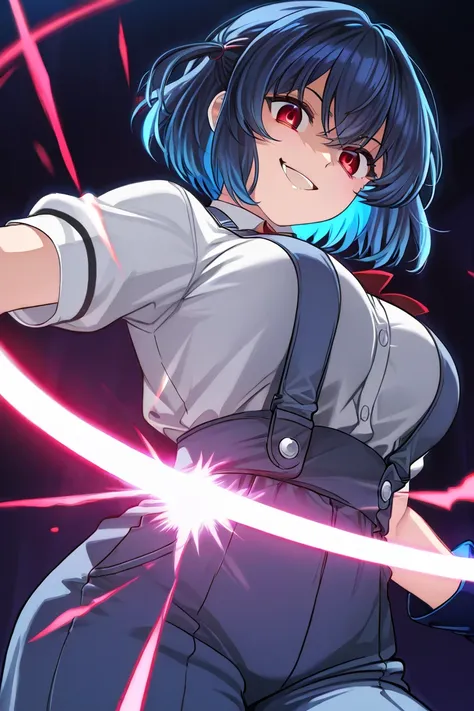 1 Big Breasted Girl, blue hair, multicolored hair, detailed eyes, Yandere expression , Yandere,  evil smile, Tenkuu Shinpan Uniforms, blue glove, red eyes,  short hair