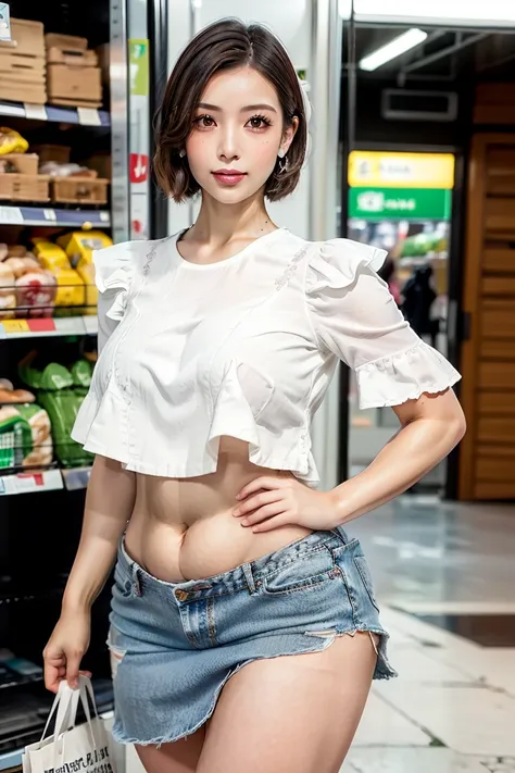 housewife after shopping、ruffl3t0p, white ruffle blouse top, side_slit_lpskirt,clothes that clearly show your body line、 firm belly、thin body、Have a Shopping Bag with Contents、 short hair、mature women、 not wearing underwear 、supermarket、Big Breasts、big but...