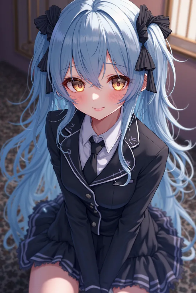 Female character inspired by the anime Diabolik Lovers, long light blue hair, light brown eyes,  cute smile, wearing black school uniform and wearing accessories.