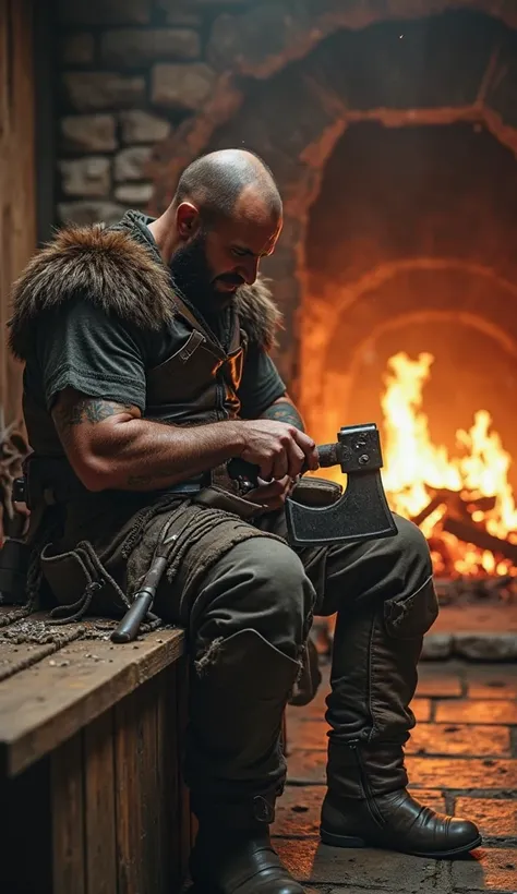 "A realistic, HD first-person POV image of a Viking warrior sitting on a wooden bench, his scarred hands gripping a whetstone as he sharpens the edge of a heavy battle axe resting across his lap. His legs, clad in leather and fur, stretch out before him, h...