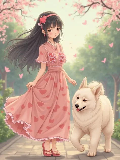 A Japanese woman walking with her white Samoyed dog has a beautiful face, is beautiful, wears a heart-patterned dress, a heart-shaped headband on her head, and a heart pendant around her neck