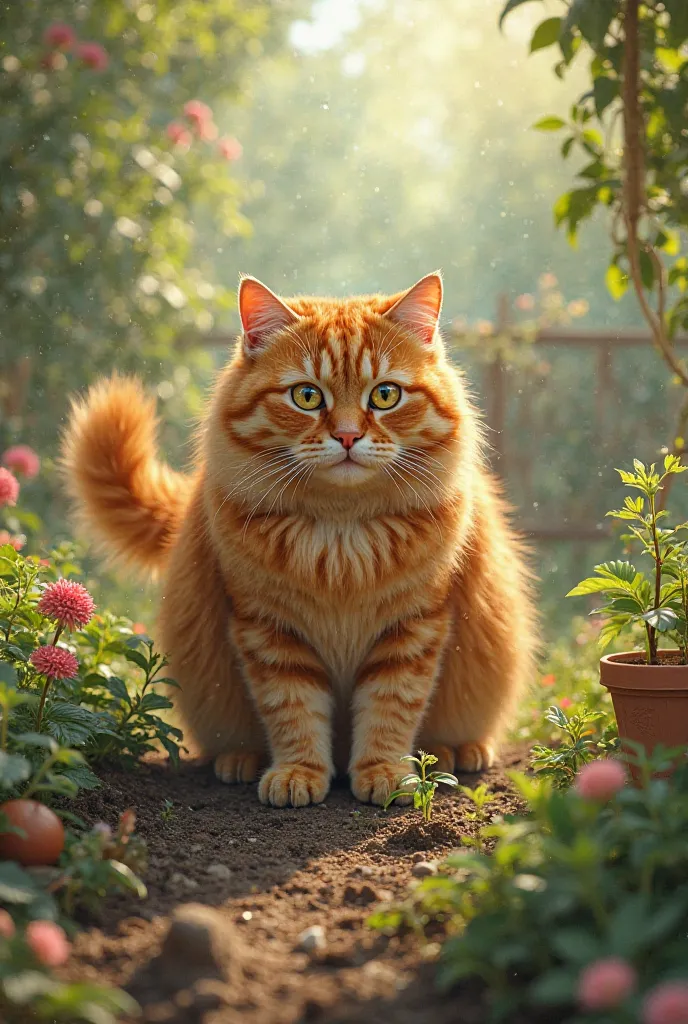 A big ginger cat is planting plants in the garden 