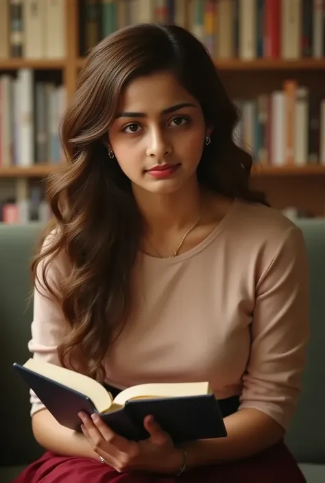 (photorealism:1.2), beautiful Indian woman, sitting in a library, reading a book, light brown hair in a open hair half ponytail, short sleeve round neck top with full sleeves, soft lighting, realistic. 