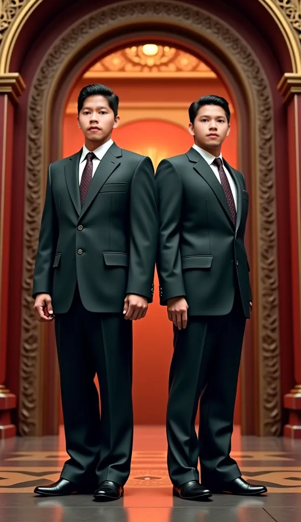 Genrate a picture of handsome Korea man and the president of north korea standing infront of the door with the most hard ass badass pose