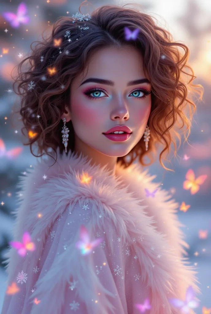 pinkfluxproultrafantasia, a very beautiful portrait of a pretty Generate beautiful, realistic fantasy artwork with bold gemstone tones, Nice glitter and shimmer, And a lot of snowflakes. Generate a glowing and petite curly-haired woman, Metallic hair, and ...