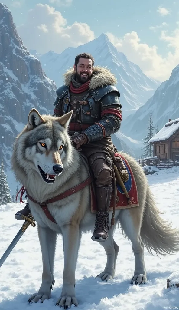 A  is sitting on a wolf and the  is wearing a battle suit and has a sword in his hand and there is a snowy area and it is snowing and the  is laughing a lot and in the background there is a village and mountains and snow is falling.