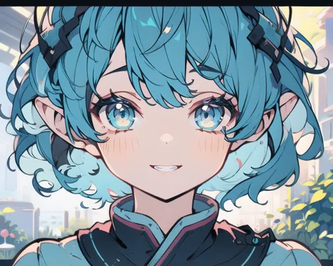 blue hair and eyes　 short　 fox ears　 hakama