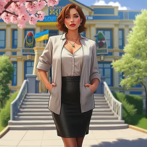 **Prompt for image generation:**  

A beautiful, light-skinned female teacher in her mid-20s to mid-30s stands confidently in front of a Ukrainian school on a bright spring day. She has a short, auburn bob with bangs and an alluring yet professional expres...