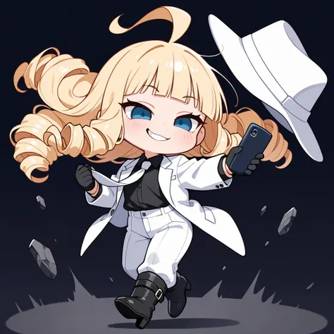 upper body, a Chibi Character, 
Solo, a girl, blonde, long hair, drill hair, floating hair, blunt bangs, ahoge, blue eyes, slant eyes, narrow eyes, naughty face, 
BREAK, 
white fedora hat, white suit jacket, open jacket, black shirt, white necktie, white s...