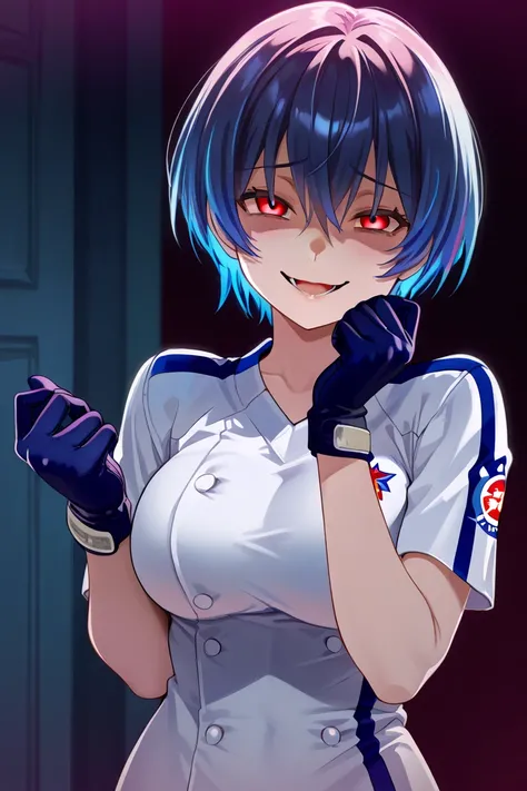 1 Big Breasted Girl, blue hair, multicolored hair, detailed eyes, Yandere expression , Yandere,  evil smile, Argentine national team uniform , blue glove, red eyes,  short hair, bright eyes 