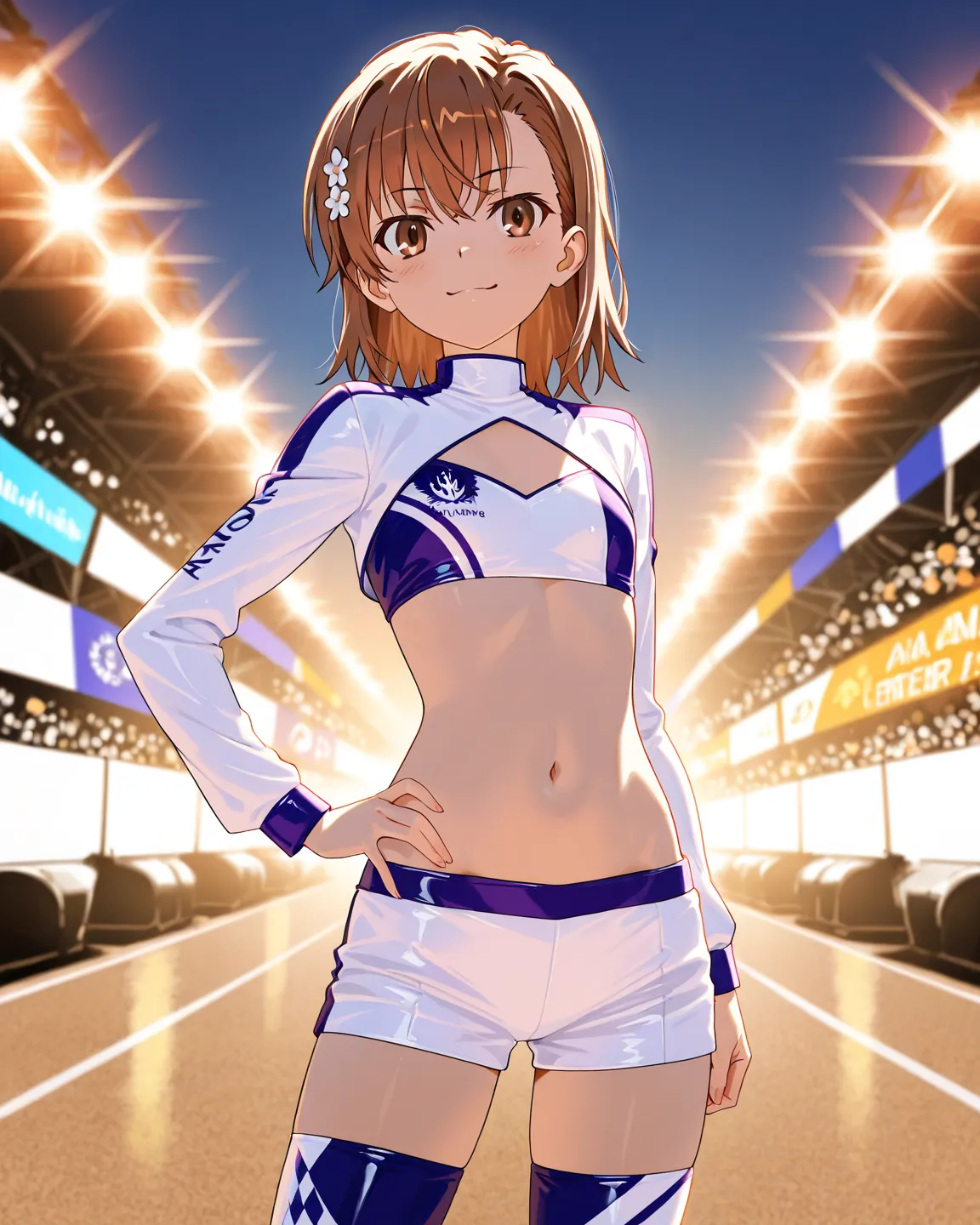 high quality, masterpiece, high resolution, nsfw, 1 girl, misaka mikoto, flat chest, race queen, standing