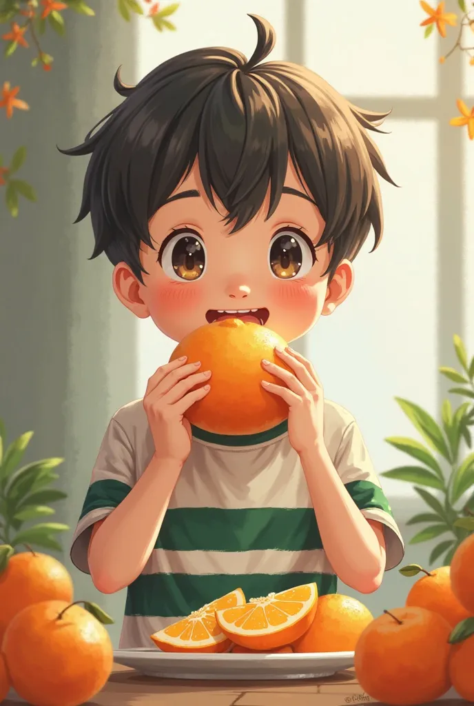 Little anime  boy in shirt with green and black girls horizontal  stripes eating mandarins