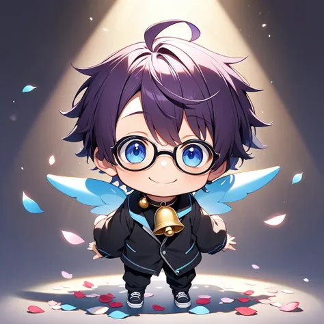 Ultra-small deformation,  little cute ,  one boy in airspace, Alone, full body, (absurd,high resolution,8k)(1人の male,solo,) male,Dark purple hair,Heavy bangs,Shortcut mushroom hair,black simple hairpin, blue eyes,Black round glasses, have a smiling face, s...