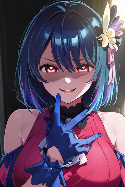  a girl with large breasts , blue hair, multicolored hair, detailed eyes, Yandere expression , Yandere,  evil smile, Oshi no ko clothing, blue glove, red eyes, Slap Black Eye,  short hair