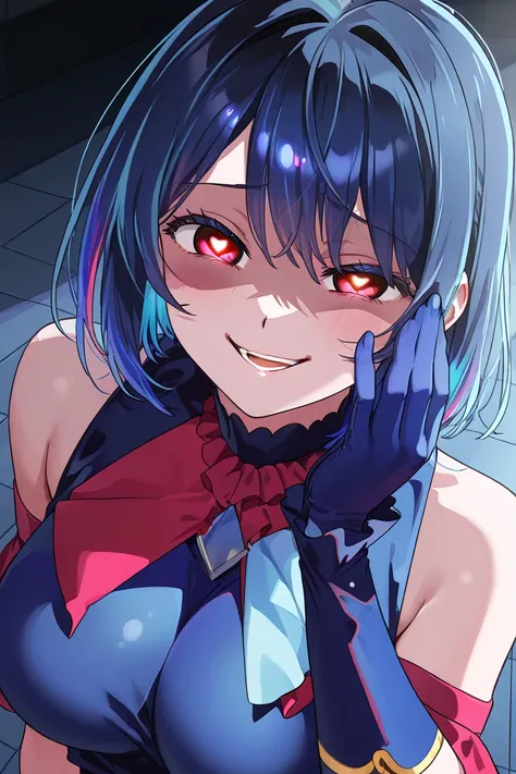  a girl with large breasts , blue hair, multicolored hair, detailed eyes, Yandere expression , Yandere,  evil smile, Oshi no ko clothing, blue glove, red eyes, Slap Black Eye,  short hair