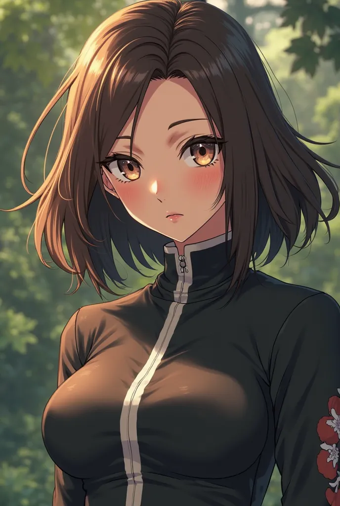 An anime character with shiny hair and brown, white skin looks light brown, about  and wearing an ANBU uniform from Aldeia da Folha. 