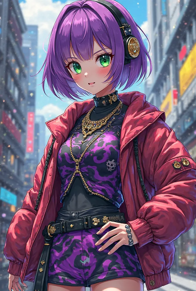 Anime female character, short hair, purple hair, green eyes, wearing a rapper-like costume, ninja detail, junior dress, then become a character in honkai star rail game, and then as a Rappa character.