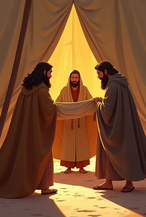 Shem and Japhé, dressed in long cloaks, enter the tent holding a large fabric. They walk on their backs to avoid looking at Noah, with serious and respectful expressions, while carefully covering their father. In Disney/Pixar-style art.