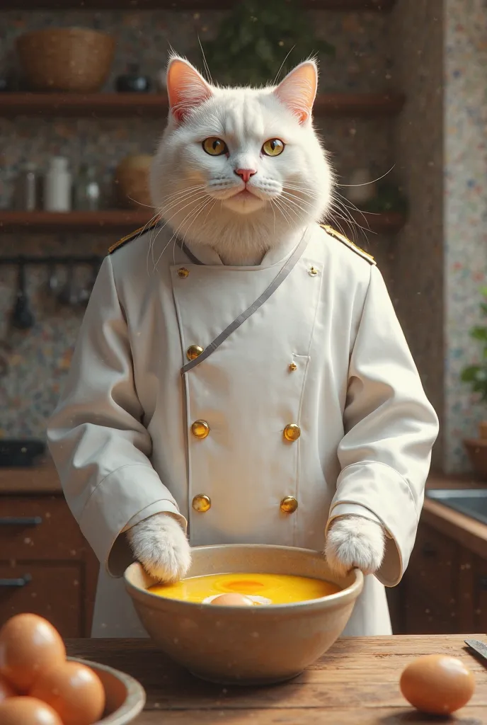 A heroic, epic-scale image depicting a fat white cat in a  white uniform, mix  yolk of  eggs in a bowl on a table in his kitchen within a A heroic, epic-scale image depicting