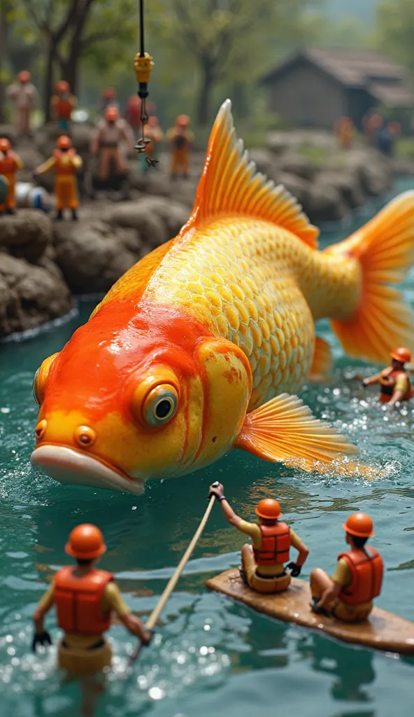 A team of tiny rescue workers in orange life vests rush to save a massive goldfish, as big as a truck, stranded in a nearly dried-up pond. Some rescuers are using fire hoses to pour water over its shimmering golden scales, while others are standing on wood...