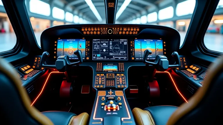 "A highly advanced and luxurious VIP cockpit of the CAIC Z-10 attack helicopter. The dashboard is packed with futuristic high-tech avionics, featuring a fully digital glass cockpit with multiple touchscreens displaying radar, targeting systems, and flight ...