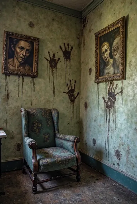 Inside the mansion, the walls are covered in disturbing symbols and handprints smeared in a dark, dried substance. Some marks appear clawed, as if scratched by something inhuman. Torn paintings with faded, grotesque faces hang crookedly. The air is thick w...