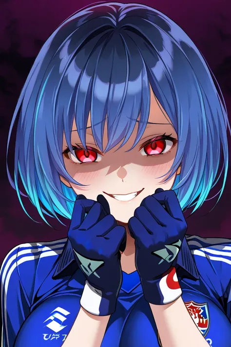  a girl with large breasts , blue hair, multicolored hair, detailed eyes, Yandere expression , Yandere,  evil smile, Uniform of the French national soccer team, blue glove, red eyes,  short hair, Bright Eyes 