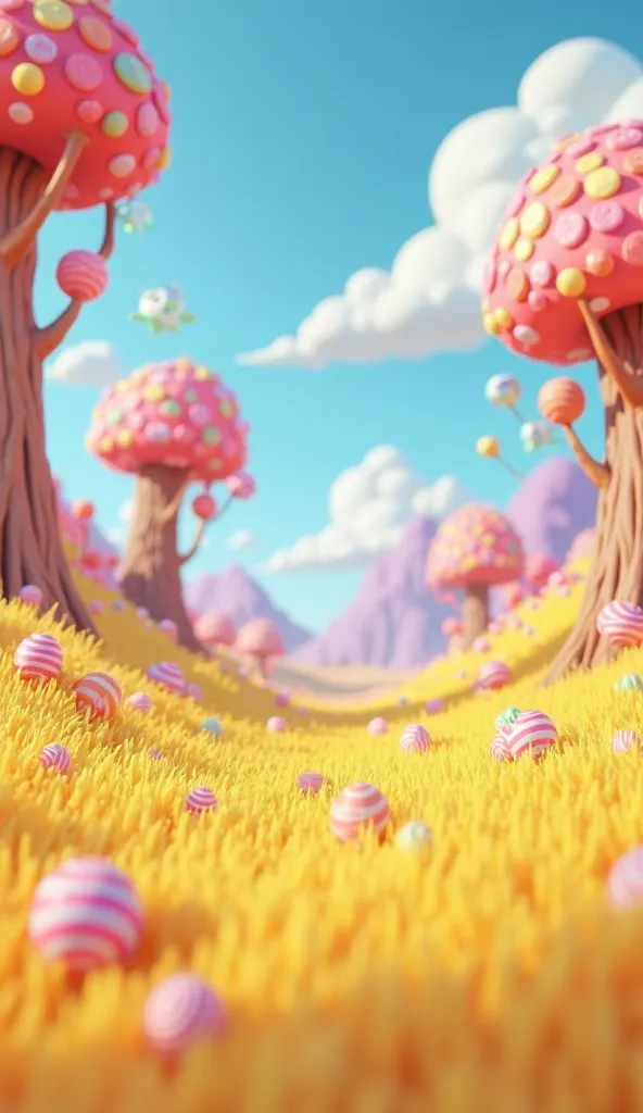 3D cartoon drawing， Golden Grass ，There are some candy trees，There are also some candies on the floor， The background is a blue sky，There are many white clouds