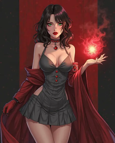 Character Design reference. A woman with a soul of pure evil and hatred. Alluringly posed, A confidant, sexy pose of a Beautiful and powerful evil nazi supervillain woman with medium length brunette layered hair, green eyes, and red lips, a sinister look a...