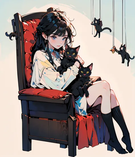 ((masterpiece:1.2)), ((Highest quality:1.2)),  1girl , ((1black kitten, sleeping on her lap:1.2), cute, peaceful, domestic, smile, friendly, warm atmosphere:1.2, Glaring eyes, braid hair, thigh-high socks)), (full body, Two Legs), (side shot), cat behavior...