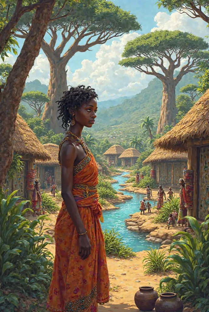 Describe a image of vibrant African village, focusing on its traditions, natural beauty, and the main character, Abeni, who is deeply interested in healing and medicine.