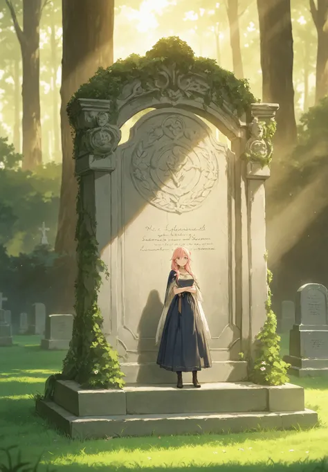 Illustrate an exquisite Tombstone that says "Here Lies Sadie, beloved princess." That has a male barbarian with long blonde hair watching over it.