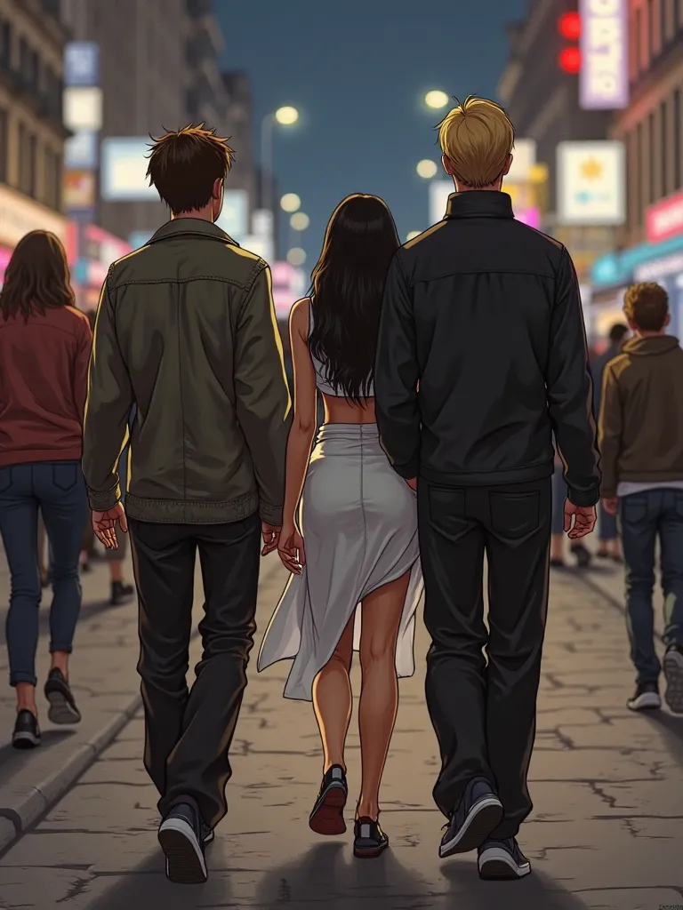 a group of people : 4 people. . on the right is a tall blond, wearing a tight turtleneck and black loose pants. next to him is a girl just below with long black hair. is wearing a white skirt and a. next to her is a guy taller than her, brunette, wearing a...