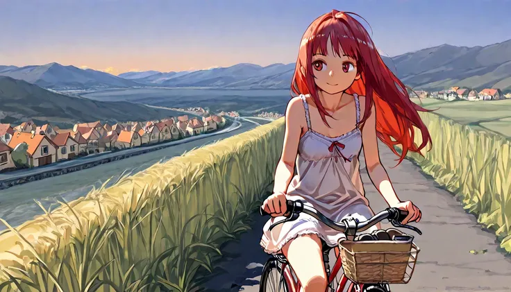  1girl , s,  red long hair , in , Drives on a (((Bicycle))), always slips her butts over the saddle, And makes an erratic face,  View from the front,  in the countryside, idyllic small town, early evening , UHD,  masterpiece,  best quality, 8k 