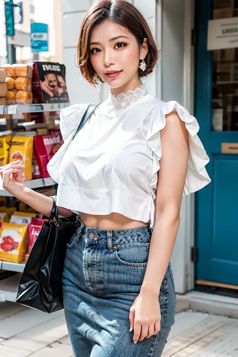 housewife after shopping、ruffl3t0p, white ruffle blouse top, side_slit_lpskirt,clothes that clearly show your body line、 firm belly、thin body、Have a Shopping Bag with Contents、 short hair、mature women、 not wearing underwear 、supermarket、Big Breasts、big but...