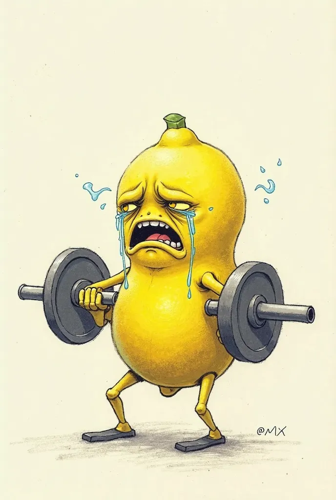 A lemon doing weights and crying drawing