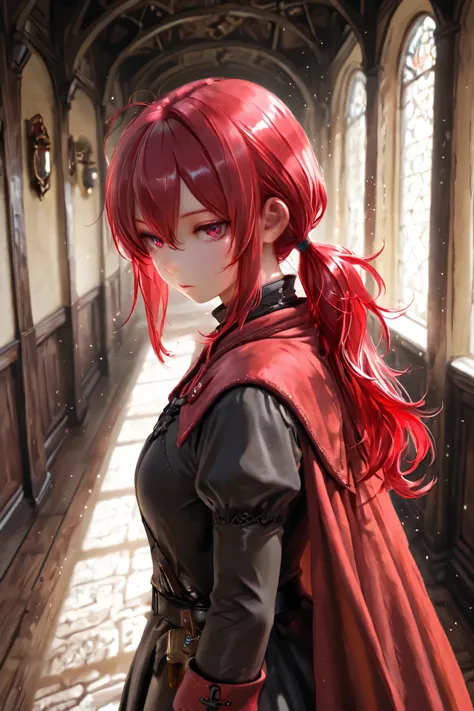 masterpiece, best quality, detailed eyes, semi realistic, 8k, girl, pure, emotionless, red low ponytail hair, red eye, fantasy hallway, black medieval luxury uniform with red accessories, red fluffy cape, looking down at viewer, shiny particles, thinking p...