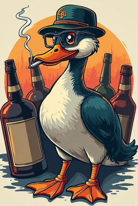 I want a logo for a profile picture that has a duck with a cap on the back, glasses and smoking, also that there are bottles in the back