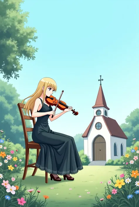 A peaceful garden with a church with a gurl in black playing a violin sitting on a chair (anime)