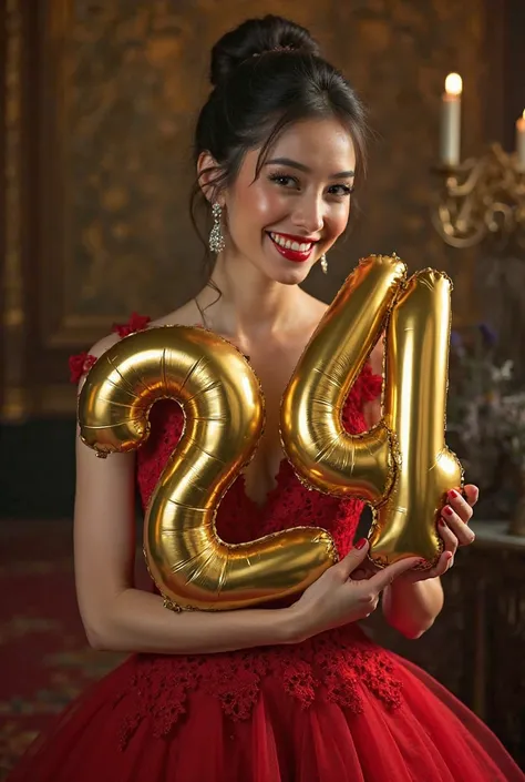  Generate  of a beautiful woman wearing a red gown , holding a  " 24 " gold balloon,half body smiling .In the  style of Movie stills, with 1:1 aspect ratio 