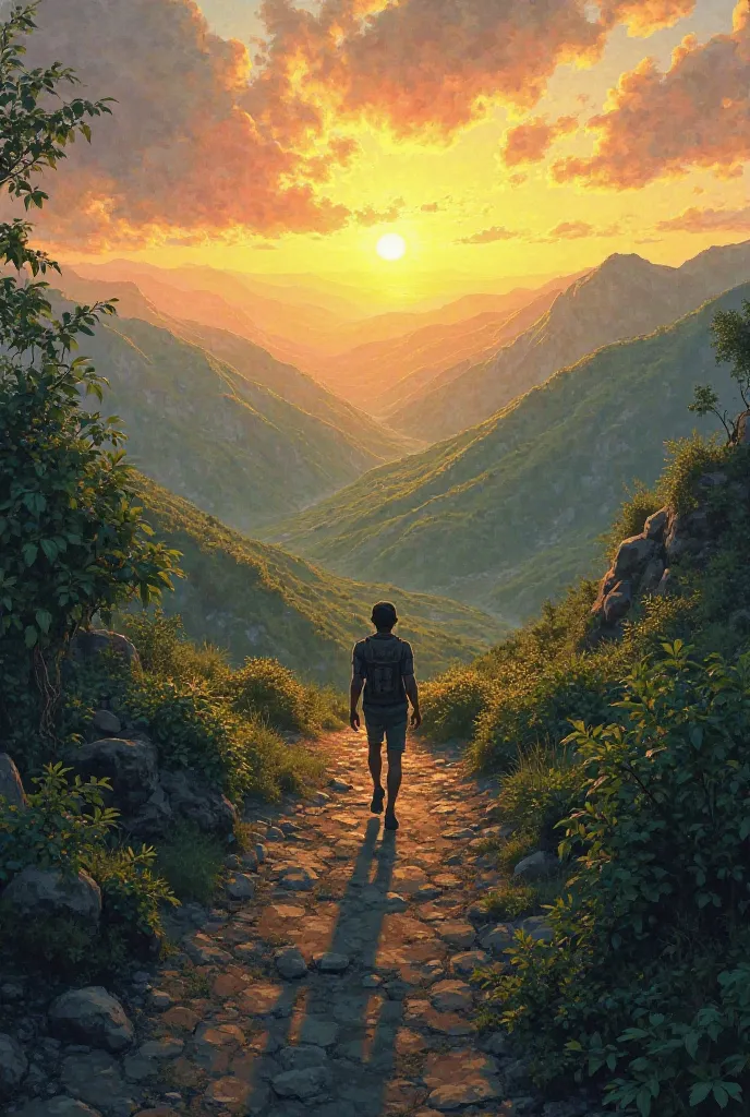 A long journey surrounded by nature, with a person walking resolutely towards a horizon illuminated by the rising sun. The image represents effort, perseverance and a promising future.