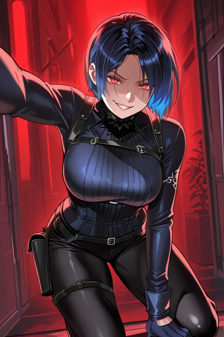 1 Big Breasted Girl, blue hair, multicolored hair, detailed eyes, Yandere expression , Yandere,  evil smile, Ada Wong Resident Evil clothing, blue glove, red eyes,  short hair, bright eyes 