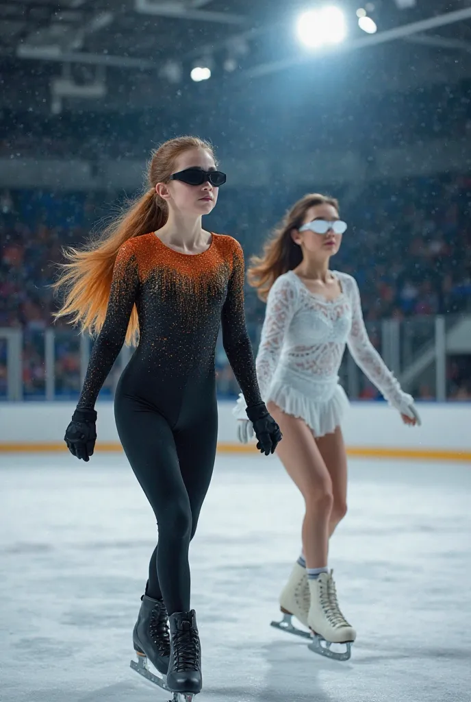 Ice rink, Stadium. There are two female figure skaters and they are skating .There is one spotlight burning on their tops. The girl has a figure skating outfit with someone's hair orange and black on it. Black mask in the eye. The other girl has brown hair...