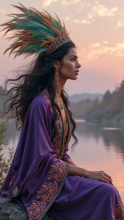 An exquisite ultra-realistic portrayal of a woman with flowing, dark, wavy hair, seated and crowned with a headdress of bronze and emerald feathers. She gazes peacefully at a flowing river, wearing a robe of deep violet with intricate copper patterns. Her ...