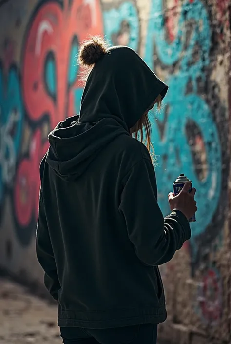 Picture of a 
 woman,  from behind 
 mit Hoodie und Mundschutz und Spraydose Graffiti schaut auf den Boden,  from behind

