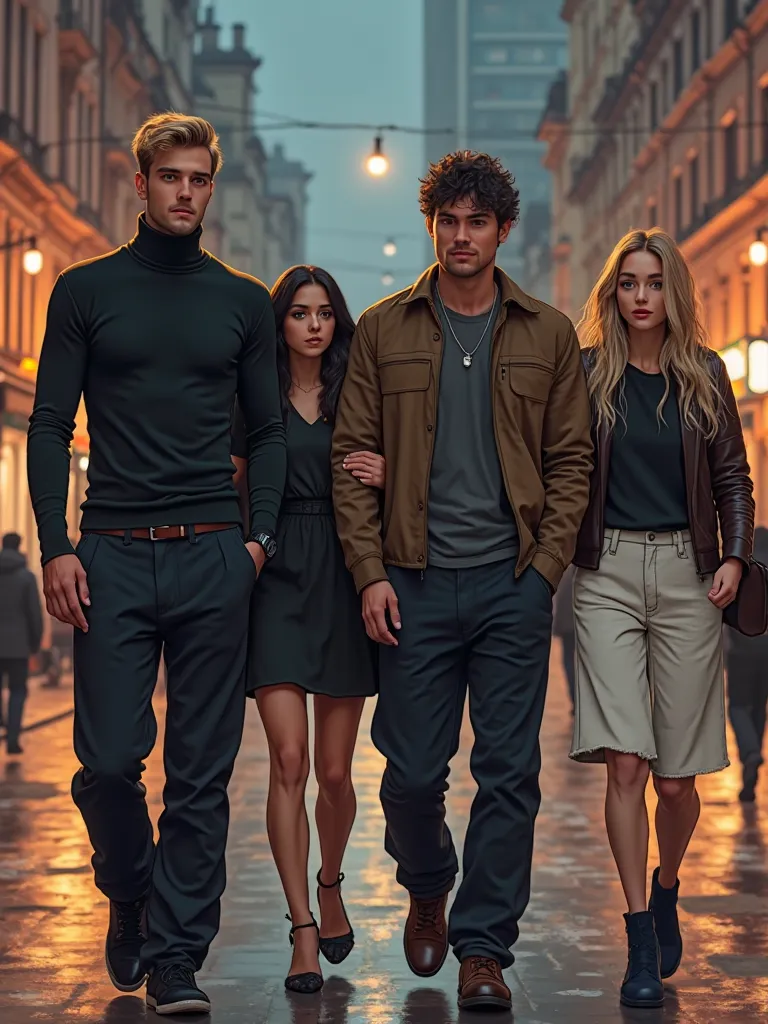 a group of people : 4 people. . on the right is a tall blond, wearing a tight turtleneck and black loose pants. next to him is a girl just below with long black hair. is wearing a white skirt and a. next to her is a guy taller than her, brunette, wearing a...