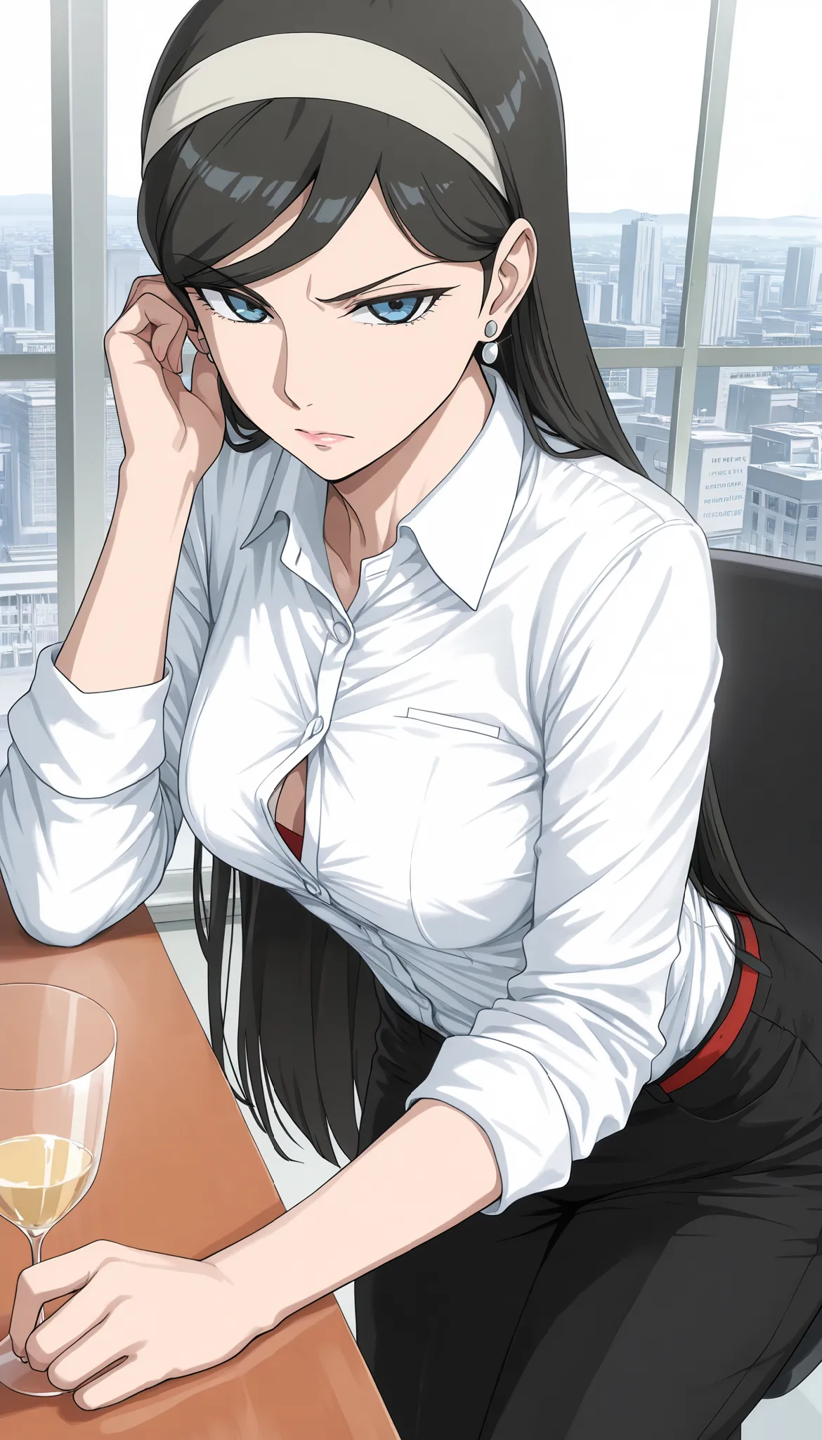  masterpiece, Highest quality, amazing image quality, very aesthetic, Absard dress ,  latest, scenery, 1 girl, Kumashiro Maya ,  headband,  blue eyes,   black hair,  straight hair ,  very small breasts, earrings, glass, white shirt,  collared shirt, formal...